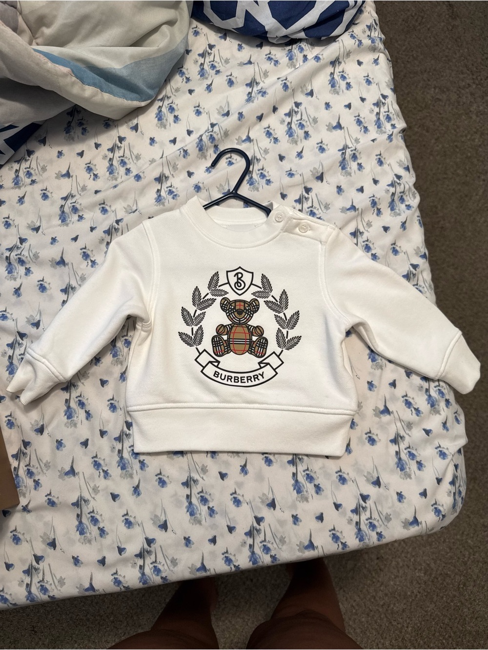 Burberry White Baby Sweatshirt with Crest Bear Plaid Detail